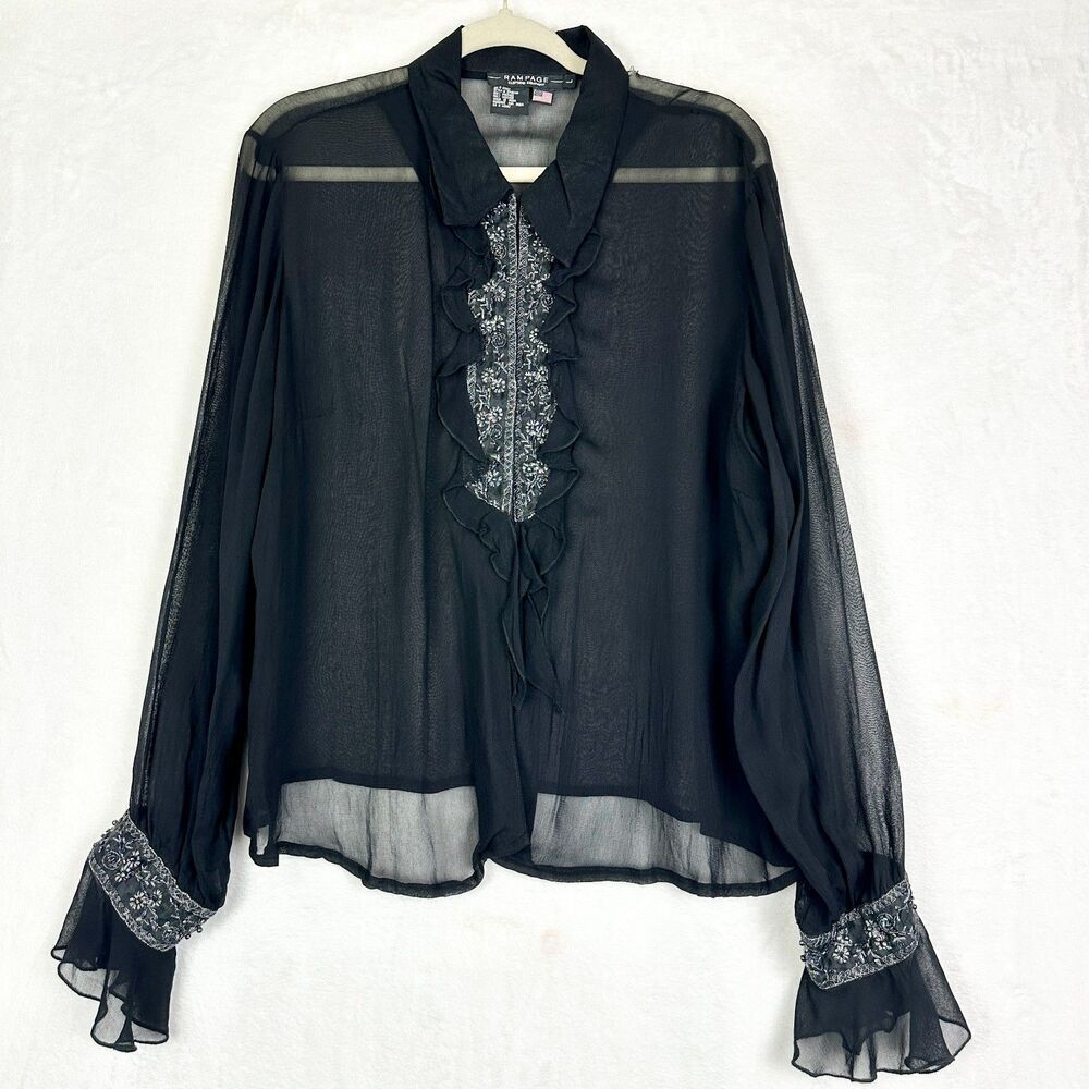 Rampage Vintage Y2K Sheer Beaded Whimsigoth Top Size Large Edwardian Victorian